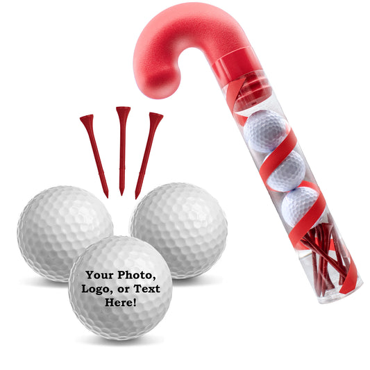 New Novelty 3 Personalized Golf Balls and 10 Non-Personalized Tees in Candy Cane Packaging