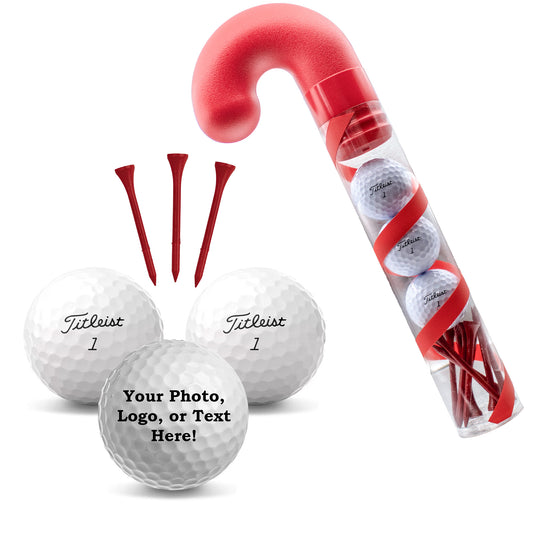 Refurbished Titleist Pro V1 3 Personalized Golf Balls and 10 Non-Personalized Tees in Candy Cane Packaging