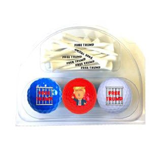 3 golf balls with different Trump cartoon images with 20 tees printed with Free Trump on them.