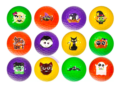 cute cartoon halloween monsters on purple, red, green and yellow golf balls